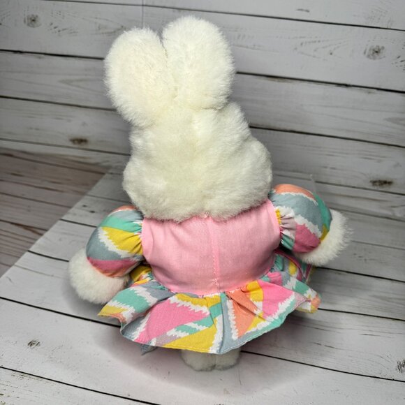 Vintage Plush Bunny Rabbit Doll 14" Pastel Rainbow Dress Gingham Bow Easter Toy - Picture 5 of 8